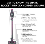 Shark HV371 Rocket Pro DLX Corded Stick, Removable Hand Vacuum, Advanced Swivel Steering, XL Cup, Crevice Tool, Upholstery Tool & Anti-Allergen Dust Brush BLACK