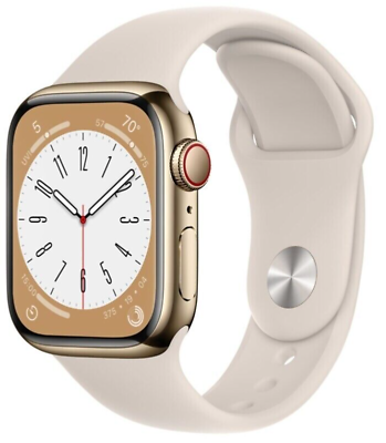Apple Watch Series 8 (GPS+CELLULAR) 41mm Gold Stainless Steel Case Starlight Band  (MNV93LL/A)