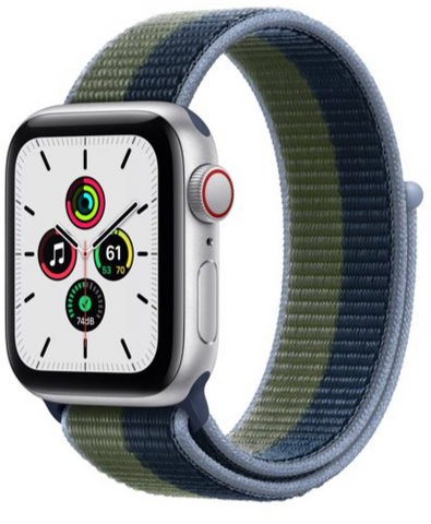 Apple Watch SE 40mm (GPS + CELLULAR)  - Silver Aluminum Case with Blue/Moss Green Sport Loop - (MKQM3LL/A)