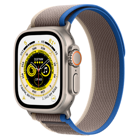 Apple Watch Ultra 49mm (GPS+CELLULAR) Titanium Case with Blue/Gray Band Trail Loop (MQF33LL/A)